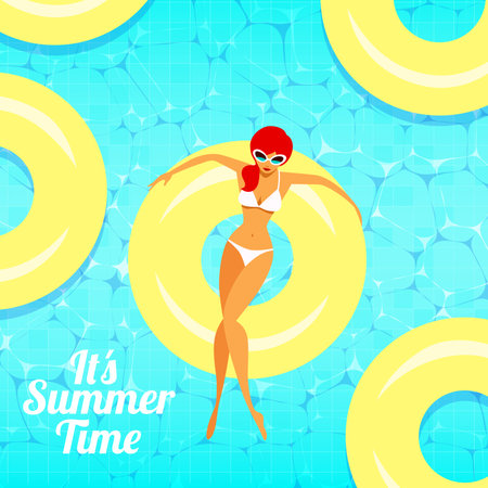 summer poster and banner wallpaper. relax on the tires in the poolのイラスト素材