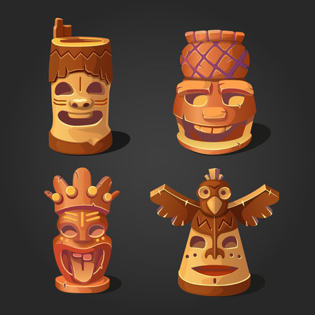 Collection of tiki wooden idols used by the tribe.のイラスト素材