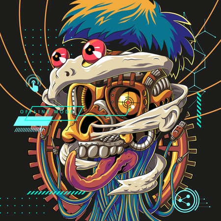 vector illustration for t-shirt, machine robotic skull skin peeled off, hair thrown off, tongue sticking outのイラスト素材
