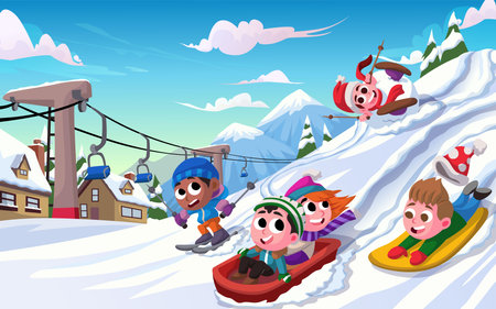 illustration of an accident while skiing in winter. Mountain view with many different skiers. Blue sky, rock peaks in the background. Ski resort. Vector illustrationのイラスト素材