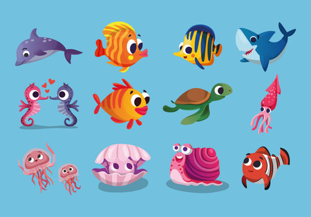 cute cartoon style sea animal illustration setのイラスト素材