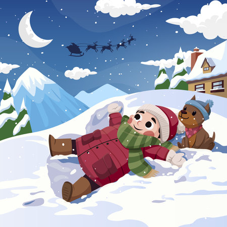 Happy boy in winter clothes lying in snow with puppy and making santa show himself. Winter New Year's Holiday.のイラスト素材