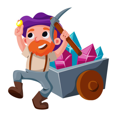 vector cartoon illustration of a happy gold miner old man has found a treasureのイラスト素材