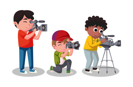 Cameraman or video operator recording video, isolated set cartoon vector illustration.のイラスト素材