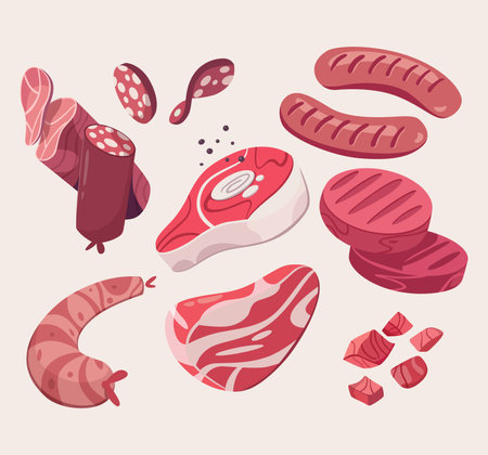 fresh meat and sausage collection set illustrationのイラスト素材