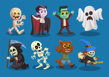 vector illustration of Halloween characters with reaper, vampire, werewolf, mummy, witch, zombie, skeletonのイラスト素材