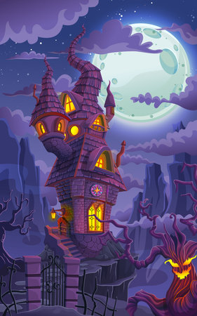 Halloween ghost tree and dark witch's house on blue moon and mountains background, vector illustration.のイラスト素材