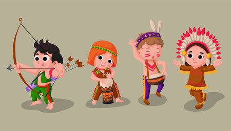 cartoon cute indian tribal population set. live in the desert. vector illustrationのイラスト素材
