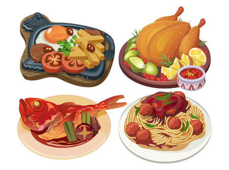 Asian Food Restaurant with Delicious Traditional Cuisine Collection in Cartoon vector Hand Drawn Template Illustrationのイラスト素材