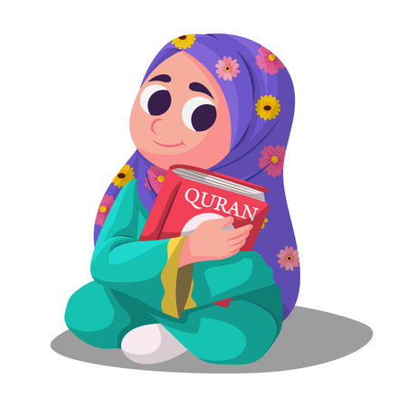 muslim girl sitting hugging quran bookのイラスト素材
