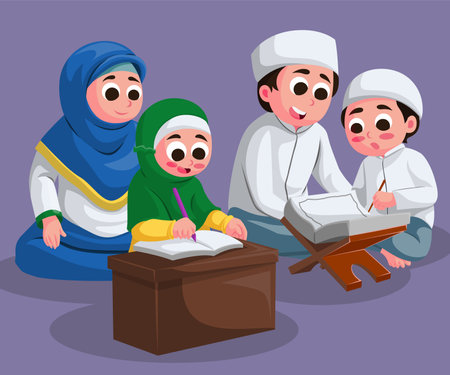 harmonious muslim family is learning to read quran. parents teach their children to read the quranのイラスト素材