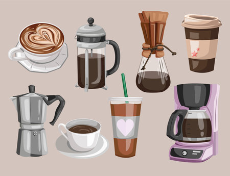 coffee vector illustration design set of tools processing drinks various types of coffee espresso cappuccino and coffee cupsのイラスト素材