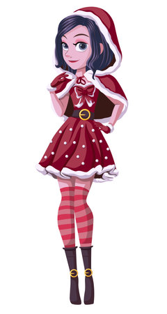 Vector illustration of beautiful purple haired woman posing in glamorous red Santa dress.のイラスト素材
