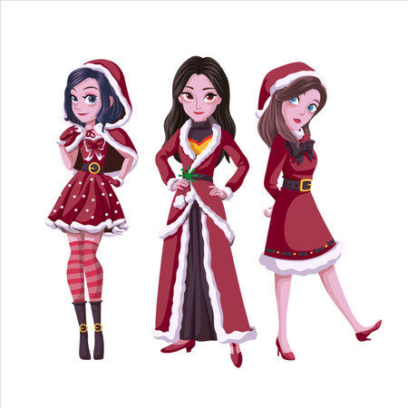 Vector illustration of beautiful woman posing in glamorous red Santa dress.のイラスト素材