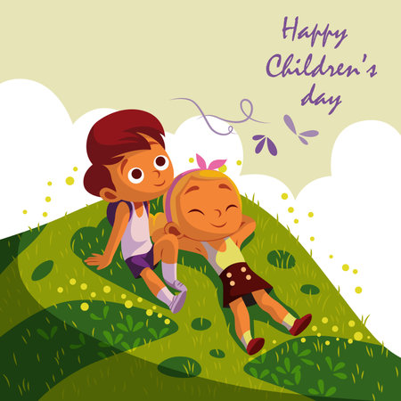 happy world children day poster and banner design. illustration of two kids lying on the green grass on a hillのイラスト素材