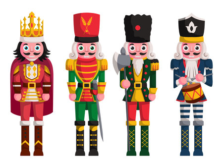 flat army nutcracker vector drawing illustration set design Classic Christmas cartoon style four wooden gifts soldier doll decoration toyのイラスト素材