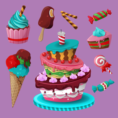 Set of sweet food icons vector illustration. Cake, wafer, muffins, ice cream, candy, lollipop.のイラスト素材