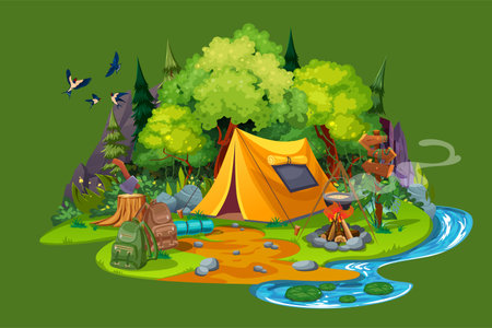 Tent camp near the river and mountains. Summer landscape. vector illustration Cartoon tourist camp with picnic area and tent among forest, mountain landscape.のイラスト素材
