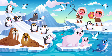 vector illustration of animals and inhabitants of the continent of Antarctica.のイラスト素材