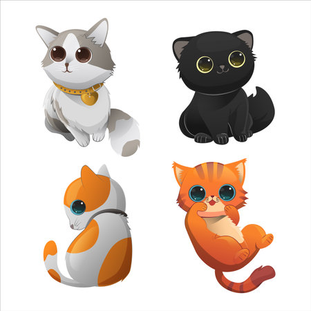 Adorable cats characters. Cute cat, funny kitten. Animal meow, cartoon fluffy pets exact vector collectionのイラスト素材