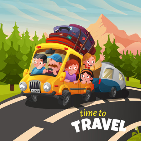 Family and friends travel by car to nature in summer. vector illustrationのイラスト素材