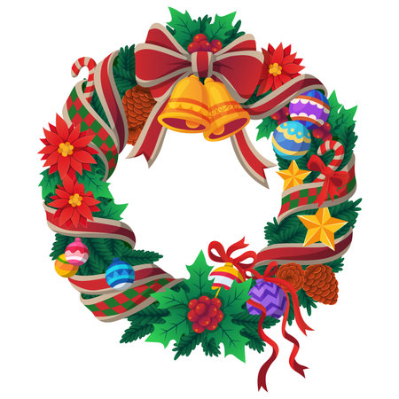 Christmas wreath with red ribbon and ribbon. The garland decorated with pine branches looks realistic, with decorations of berries, pinecones, stars, flowers and lightsのイラスト素材