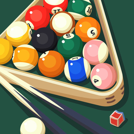 background for billiard tournament poster elements. Vector design of billiard balls on green table and triangular rackのイラスト素材