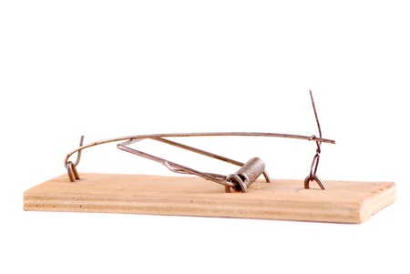 Wooden mousetrap with the spring tense in a working condition.の写真素材