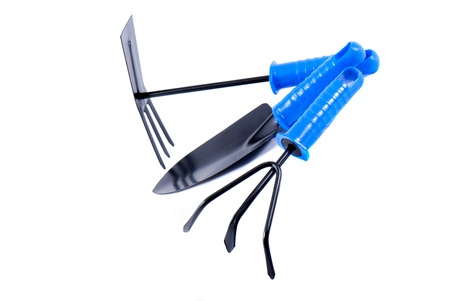 Garden tools with blue grips on a white background