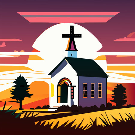 Church in the field at sunset. Vector illustration in flat style.のイラスト素材