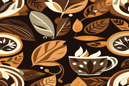 Seamless pattern with coffee cups and leaves. vector illustration.のイラスト素材