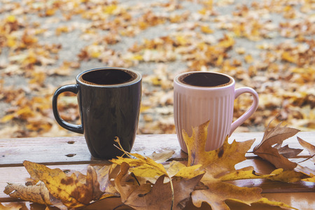 Autumn Fall Background with maple leaves and cups - Autumn Cardの写真素材