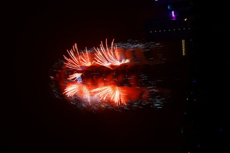 Beautiful fireworks display in the night sky, Taipei, Taiwan.