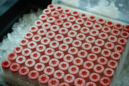 Cubes of blood on ice in the laboratory, closeup of photo.