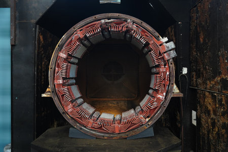 Close-up of a large industrial electric motor stator winding.