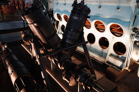 A V-engine piston and crankshaft assembly on educational display in a museum.