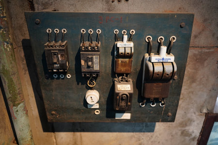 Close-up of a vintage industrial electrical panel with knife switches.