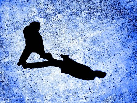 Man walking on sidewalk with black shadow