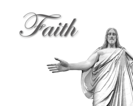 Statute of Jesus with white background and word faithの写真素材
