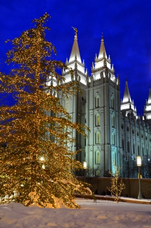 Salt Lake City Temple Square Christmas Lights on Trees and Steeplesの写真素材