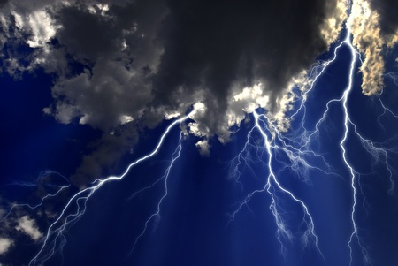 Lightning storm in cloudy sky with flashes and bolts