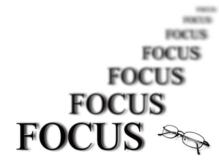 The word focus with blurred words in background isolated on white as concept for business ideasの写真素材
