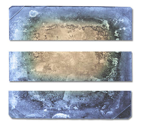 Grunge art with blue and tan colors and texture of old paper or photograph seprated into three stripsの写真素材