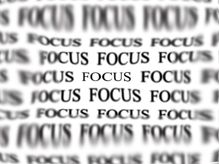 The word focus with blurred words in background isolated on white as concept for business ideasの写真素材