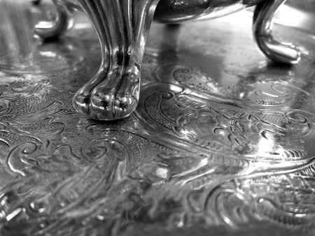 Decorative elegant silver service tray with engravingsの写真素材