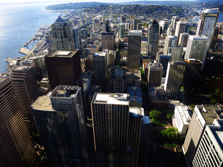 View of Seattle buildings and city from the airの写真素材