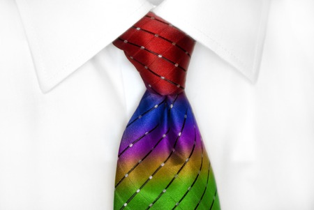 White dress shirt with rainbow tie detailed closeupの写真素材