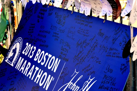 Memorial on Boylston Street in Boston after bombings with written statementsのeditorial素材