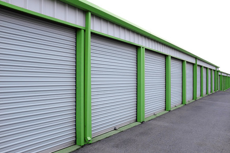 Detail of storage units building with sliding garage style doorsの写真素材