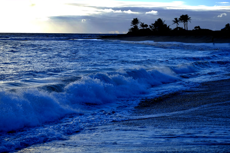Ocean Waves Island Sky and Clouds Palm Trees